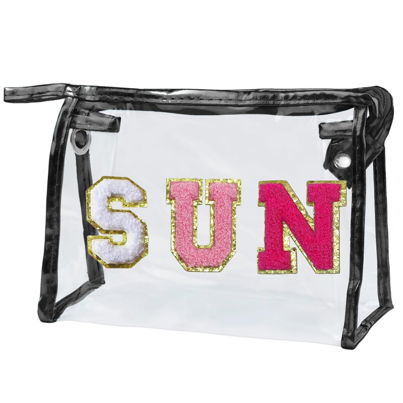 COSHAYSOO Clear Makeup Bag Preppy Sunscreen Pouch Waterproof Transparent Summer Beach Travel Stuff Small Cosmetic Toiletry Purse for Women Teenager Girls with Cute Puffy Letter Patch Black SUN - Image 1